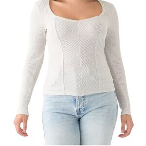 NWT XL Gray Long Sleeve Ribbed Knit Top Square Sweetheart Neckline Lightweight